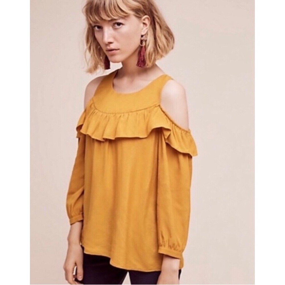 Maeve Anthropologie Women's Mustard Yellow Cold Shoulder Top Blouse Sz 6